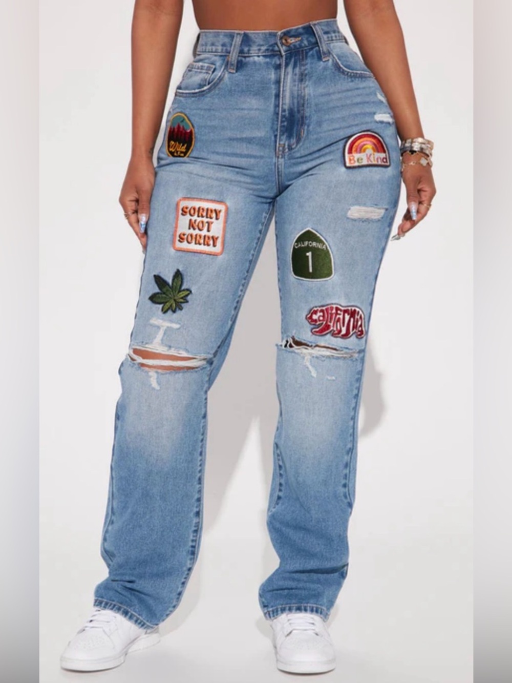 Ladies California Patches High Waisted Straight Leg Jeans